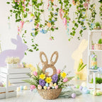 LemonRoad 16.1 Inch Easter Bunny Basket Easter Bunny Woven Wicker Basket Hanging Wall Rabbit Pocket for Spring Front Door Flowers Eggs Gifts Decor