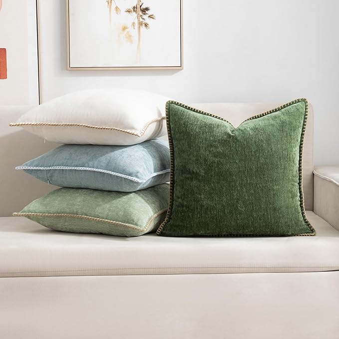 Decorative Green Throw Pillow Covers Pack of 2, 18x18 in Chenille Soft Pillow Covers with Stitched Edge, Farmhouse Neutral Euro Decorative Pillows for Bed Couch Sofa Home Decor