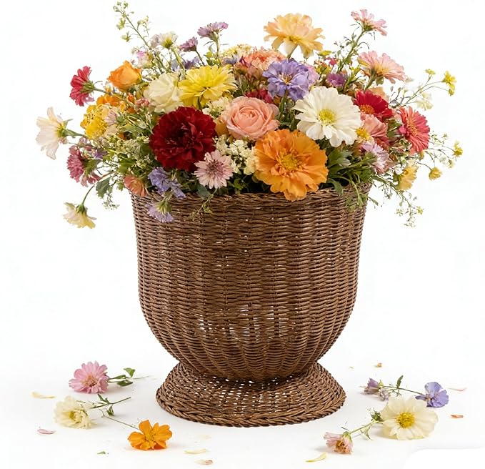 12 Inch Hand Woven Rattan Planter Pot with Stand - Large Decorative Basket for Indoor Plants, Flowers, and Storage - Boho Home Decor for Living Room, Patio, and Entryway (Khaki)