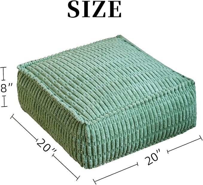 Unstuffed Pouf Ottoman Cover Soft Storage Extra Seat Farmhouse Comfortable Bohemian Poufs Accent Footrest 20x20x8 Inches for Living Room Bedroom Study Nook (Green, Square)