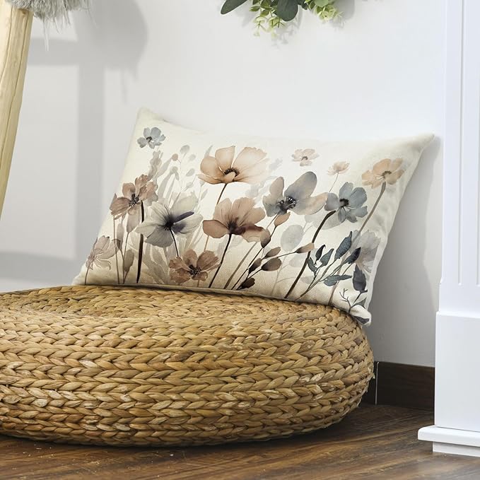 AVOIN colorlife Poppy Flowers Chinoiserie Spring Fall Throw Pillow Cover, 12 x 20 Inch Seasonal Leaves Cushion Case Decoration for Sofa Couch Farmhouse