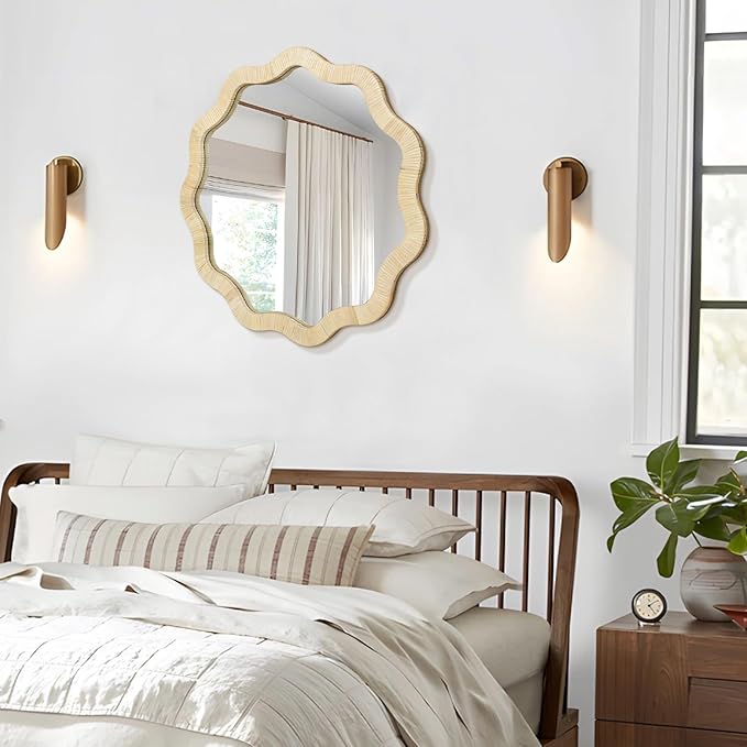 ULIKE Rattan Wicker Mirror for Bathroom, 24 Inch Boho Woven Decorative for Wall, Rustic Farmhouse Vanity Mirror, Geometric Scalloped Rattan Mirrors for Living Room Entryway Bathroom Bedroom