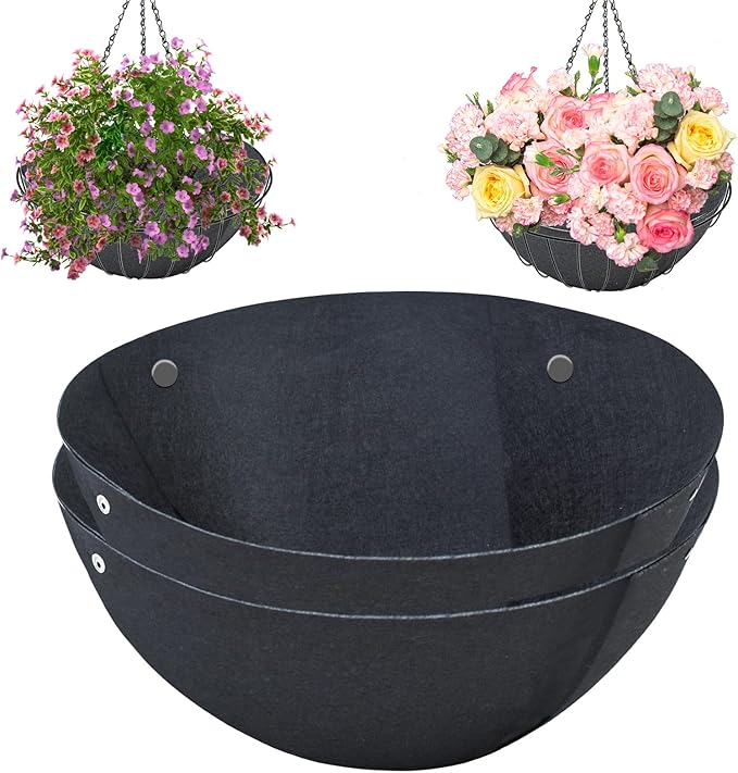 2PCS 16 Inch Round Hanging Basket Liners - Non-Woven Felt Replacement Inserts for Hanging Baskets - Black - Outdoor Plants - Avoid Bird Nesting