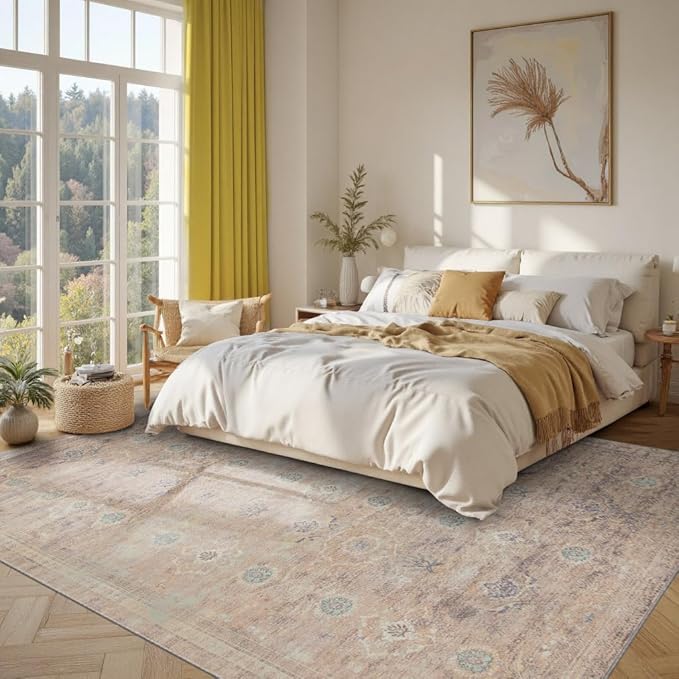 Beige Rug 5x7 Neutral Area Rugs for Living Room Bedroom, Washable Vintage Floral Retro Boho Non Slip & Low Pile Carpet for Indoor Dining Room and Kids Room(Beige 5x7ft)