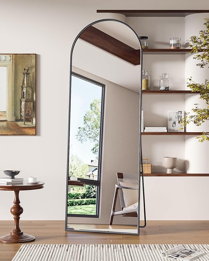 Antok 65" x22” Arched Full Length Floor Mirror, Black Aluminum Frame, Free Standing/Wall Mount/Leaning for Bedroom, Living Room, Dressing Room