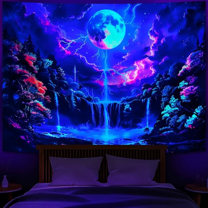 Heopapin Blacklight Tapestry Fantasy Moon Lightning Tapestries UV Reactive Tapestry Magic Waterfall Forest Landscape Tapestries Wall Hanging for Bedroom L59×W51
