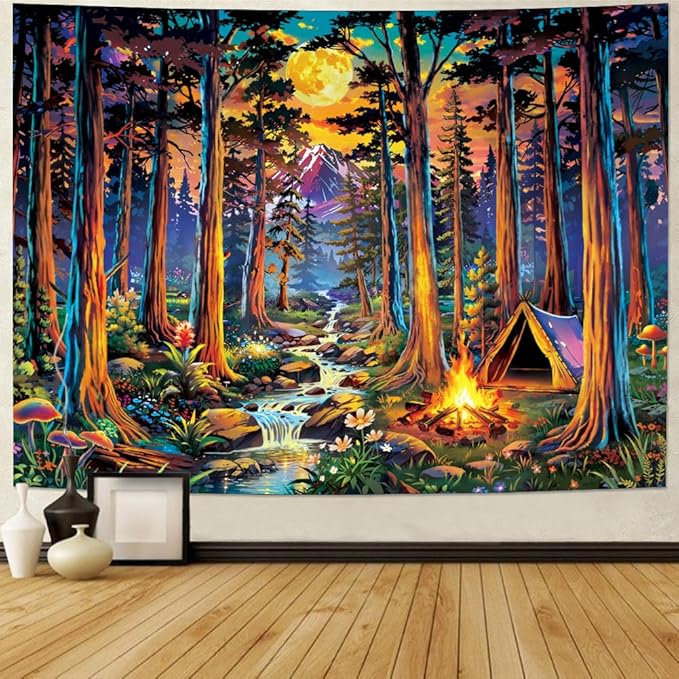 Racunbula Blacklight Fantasy Forest Tapestry UV Reactive Galaxy Space Moon Tapestry Trippy Pine Trees Wall Tapestries Nature Landscape Mountain River Tapestries Wall Hanging for Bedroom