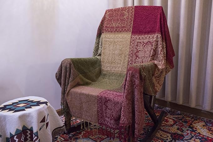 AIVIA Boho Sofa Couch Throw Blanket Slipcover, Bed Recliner Chair Throws Sofa Cover Colorful Chenille Woven Bohemian Decor - Large Oversized 87" x 103" Green Wine Red
