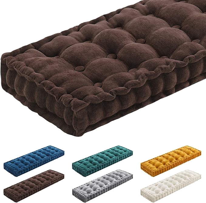 Geelin 48x18 Inch Bench Cushions for Indoor Furniture Chenille Velvet Brown Button Tufted Thicken Seat Pad Mat with Memory Foam, Window Floor Sofa Chair Cushion for Living Room Patio Porch Swing