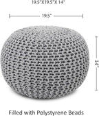 REDEARTH · Round Boho Pouf Ottoman - Cable Knitted Cord Boho Pouffe - Stuffed Poof Accent Beanbag Footrest for Living Room - Nursery - Bedroom - Covered Patio - Study Nook (19.5"x19.5"x14") - Gray