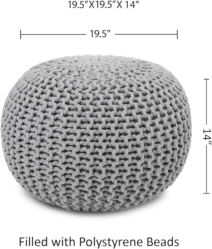 REDEARTH · Round Boho Pouf Ottoman - Cable Knitted Cord Boho Pouffe - Stuffed Poof Accent Beanbag Footrest for Living Room - Nursery - Bedroom - Covered Patio - Study Nook (19.5"x19.5"x14") - Gray