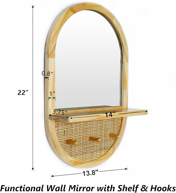 Wall Mirror with Hooks, 22x14 Inch Boho Wall Mirror with Removable Shelf, Oval Solid Wood Framed, Handmade Rattan Mirror Decor Accent for Entryway, Bathroom, Nursery, Bedroom, Living Room