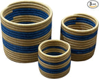 African Planter Baskets Sets of 3 Woven Sisal Baskets for Indoor Plant Pots Covers Home Decor Storage Organizer Gifts Zen Designs Arts and Crafts (Blue and Tan Stripe)