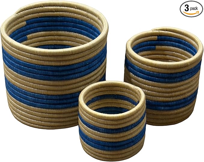 African Planter Baskets Sets of 3 Woven Sisal Baskets for Indoor Plant Pots Covers Home Decor Storage Organizer Gifts Zen Designs Arts and Crafts (Blue and Tan Stripe)