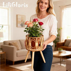 Boho Rattan Plant Stand Indoor Outdoor - 2 Rattan Wicker Planter Shelf for Multiple Plants, Mid Century Modern Wooden Flower Pot Holder with Stand, Farmhouse Home Decor for Living Room