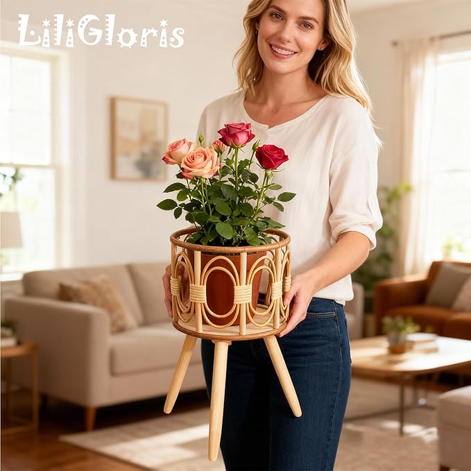 Boho Rattan Plant Stand Indoor Outdoor - 2 Rattan Wicker Planter Shelf for Multiple Plants, Mid Century Modern Wooden Flower Pot Holder with Stand, Farmhouse Home Decor for Living Room