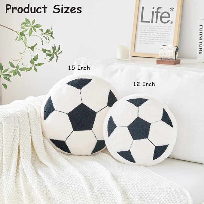 Soccer Pillow,15" Soccer Shaped Pillow Floor Cushion Seating Cushion with Faux Rabbit Fur,Round Soccer Throw Pillow Room Décor for Sofa Couch Living Room (Red)