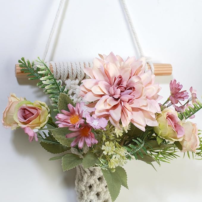 Macrame Wall Hanging, White Cotton Rope with Artificial Dahlia Flowers, 8x23 Inches, Handcrafted Boho Tapestry with LED Lights, Decorative Wall Art for Living Room, Bedroom (Flamingo Pink)