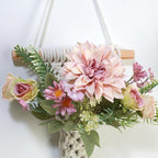 Macrame Wall Hanging, White Cotton Rope with Artificial Dahlia Flowers, 8x23 Inches, Handcrafted Boho Tapestry with LED Lights, Decorative Wall Art for Living Room, Bedroom (Flamingo Pink)