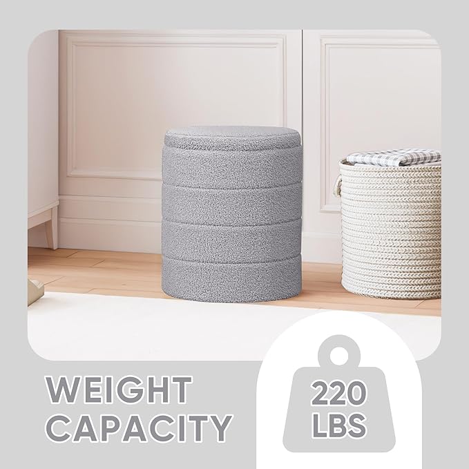 PINPLUS Round Storage Ottoman Foot Rest Stool with Tray Velvet Sherpa Folding Storage Ottoman,Boucle Foot Rest for Living Room, Bedroom, Dorm（Grey）