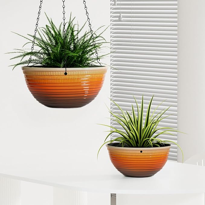 2 Pack Hanging Planters for Indoor Outdoor Plants, 10 Inch Hanging Planter with Drainage Hole & Plug Glazed Hanging Baskets Flower Pots for Garden Home, Orange