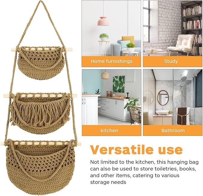 Cabilock 3 Tier Hanging Fruit Basket for Kitchen - Boho Macrame Woven Wall Storage for Onion and Potato, Space-Saving Cotton Rope Produce Organizer for Pantry & Bathroom