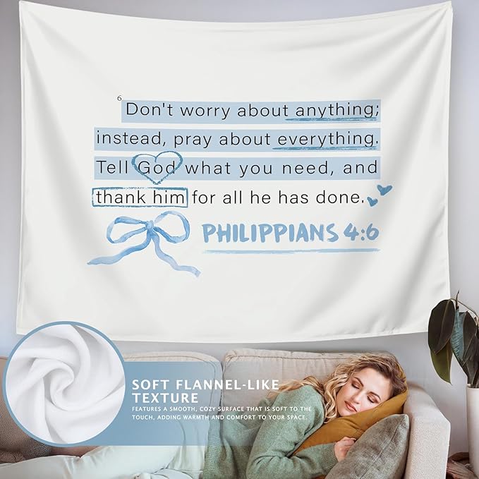 LIANGW Blue Bible Verses Christian Tapestry, Based Blue Room Decor Aesthetic, Inspirational Christian Tapestry for Women, Bible Bow Aesthetic for Girls Bedroom for Dorm Room 50x60 Inch