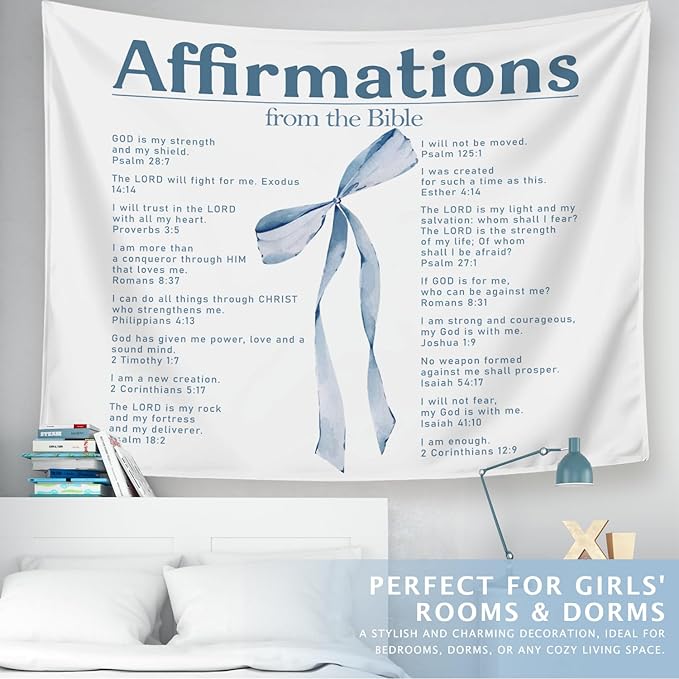 LIANGW Preppy Blue Bow Christian Tapestry, Bible Bow Aesthetic for Girls Bedroom for Dorm Room，Inspirational Christian Tapestries for Women, Faith - Based Blue Room Decor Aesthetic 50x60 inch
