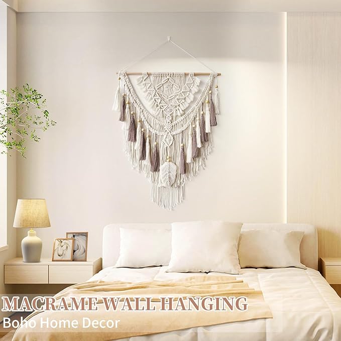 Macrame Wall Hanging, Woven Tapestry Beige & Dusty Rose Handmade Craft Macrame Wall Decor, Gallery & Nursery, Size 37.4” Lx27.5” W