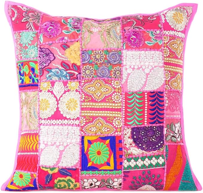 Eyes of India Decorative Patchwork Boho Throw Pillow Cover, Colorful Bohemian Cushion Case for Sofa Couch, Handmade Accent Bedroom Living Room (Pink, 24" x 24")