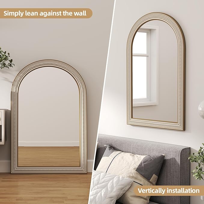 36x24 Inch Farmhouse Wooden Arched Wall Mirror, Distressed Frame with Beaded Boho Detail, Decorative Mirrors for Bathroom Over Sink, Living Room, Entryway, Hallway