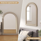 36x24 Inch Farmhouse Wooden Arched Wall Mirror, Distressed Frame with Beaded Boho Detail, Decorative Mirrors for Bathroom Over Sink, Living Room, Entryway, Hallway