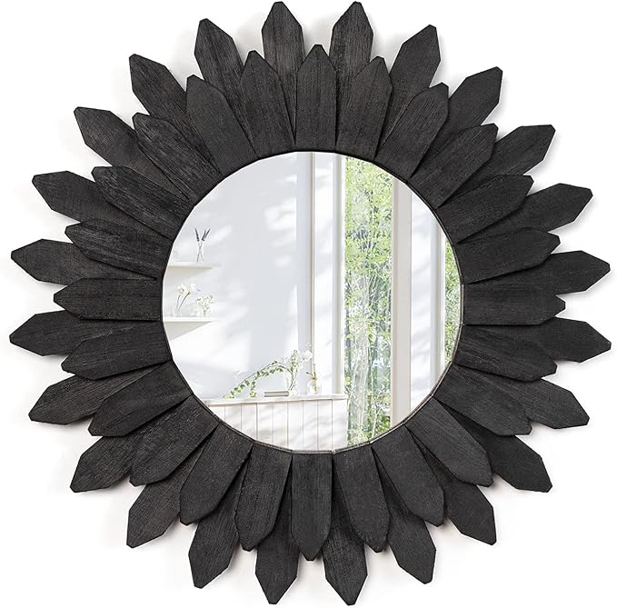 Emfogo Wall Mirror 12 inch Rustic Wood Sunburst Boho Mirror Farmhouse Wall Decor Room Decor Home Decor for Bedroom Living Room Entryway (Vintage Black)