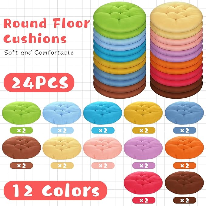 Tinideya 24 Pcs Round Floor Cushions Floor Pillows Meditation Seat Pillows Flexible Seating for Adults Kids, Chair Cushions for Classroom, Nursery, Living Room, Yoga(Medium 15.7 Inch,Colorful)