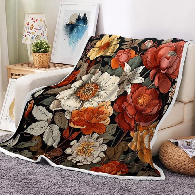 Boho Floral Throw Blanket Colorful Bohemian Flowers Decorative Soft Warm Cozy Blanket Plush Throws Blankets for Women Girls Kids Couch Travel 60 x 80 Inch