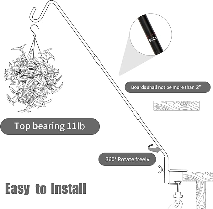 Juegoal 2 Pack Heavy Duty Deck Hook with 2 Inch Non Slip Clamp, 25 or 36 Inch Extended Reach Deck Hook, Adjustable Rail Pole Plant Bracket for Hanging Bird Feeder, Suet Baskets, Lanterns, Wind Chimes