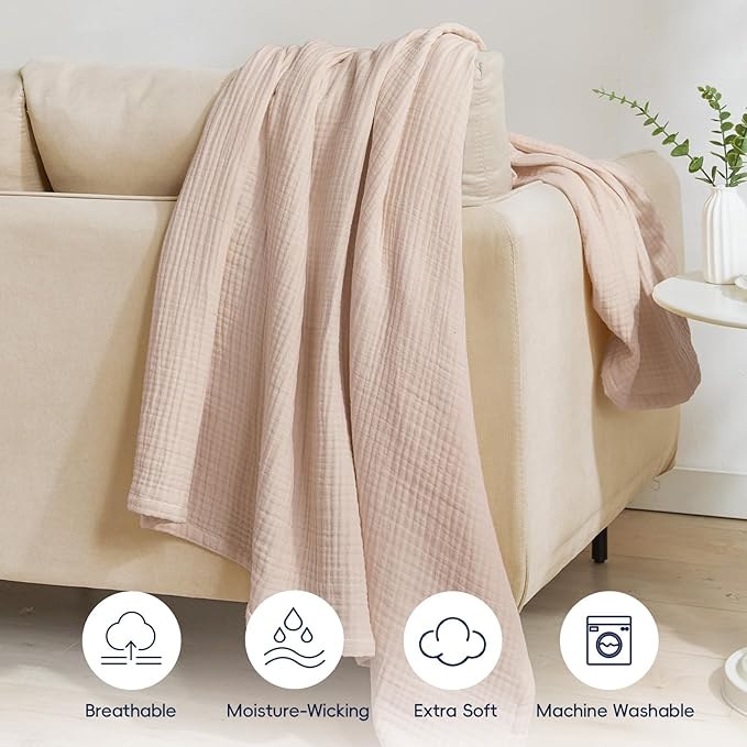 PHF 100% Cotton Muslin Throw XL Blanket Large 50" x 70", 4-Layer Lightweight Gauze Throw, Breathable Cloud-Soft Minimalist Blanket for Bed, Couch, Camping & Baby, Dusty Pink, Ideal Gift