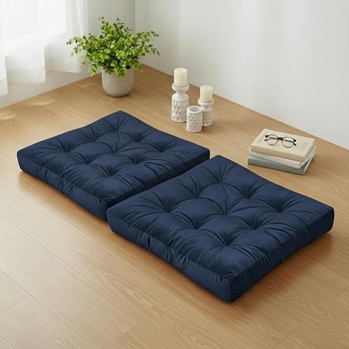 Meditation Floor Pillow Set of 2, Large Velvet Floor Pillows for Sitting, Tufted Floor Seating Cushions for Adults, Big Pillows for Yoga & Living Room, 22x22 Inch, Navy