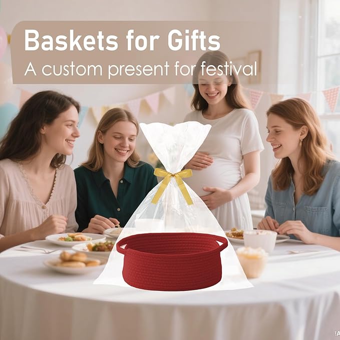 Woven Basket,Small Rope Storage Bin with Handles & Ribbon Bag, Organizer for Shelves Closets,Gift Basket Empty for Birthday,Books,Dog Toys, Red/2 Pack