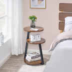 BEWISHOME Round End Table Side Table with Metal Frame, Accent Nightstand Bedside Table with 3-Tier Shelves, Small Couch Coffee Table for Living Room Bedroom Rustic Brown KTZ41Z