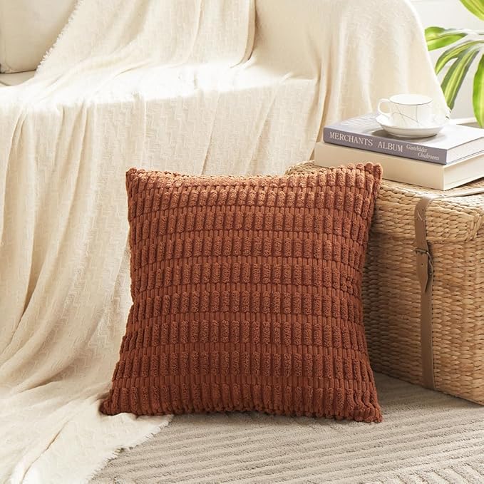 Fancy Homi 4 Packs Rust Small Decorative Throw Pillow Covers 14x14 Inch for Living Room Couch Bed Sofa, Rustic Farmhouse Boho Home Decor, Soft Plush Striped Corduroy Terracotta Cushion Case 35x35 cm