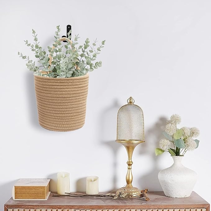 Defined Deco 2 Pack Jute Hanging Basket, Hanging Rope Basket with 4 hooks, Flower Plants Wall Basket Decor Set, Rustic Woven Basket Organizer, Boho Wall Decor for Living Room, Bedroom, Bathroom