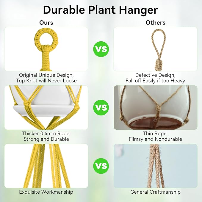 USLAI Macrame Plant Hanger Indoor Outdoor, Up to 4-15 inch Pot, Heavy 20lb Planters, Extra Long Strong Hanging Planter Basket Holder, Boho Home Decor, 35+49 Inch, Yellow (POTS NOT Included)
