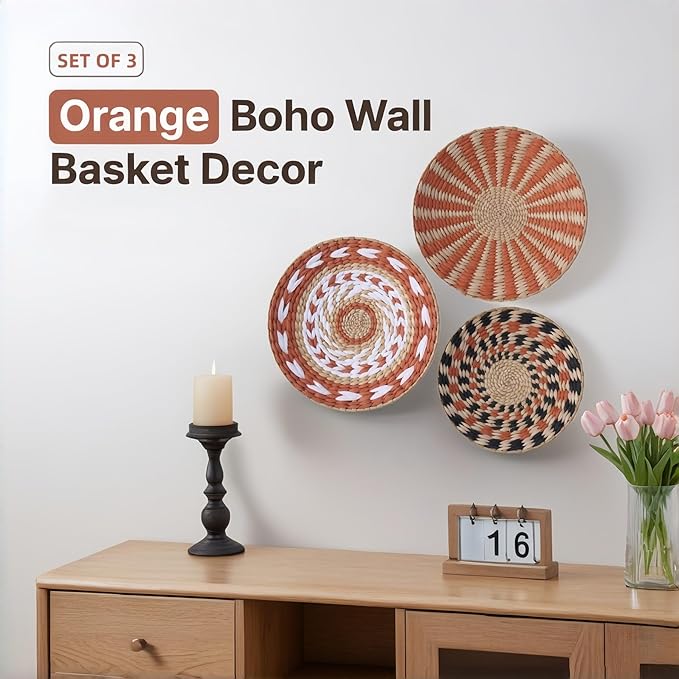 Pwryon Deosur 3PCS Boho Wall Basket Decor – Handmade Bulrush Woven Tray Baskets for Wall Hanging, Rustic Farmhouse Wall Art for Living Room & Bedroom (Orange)