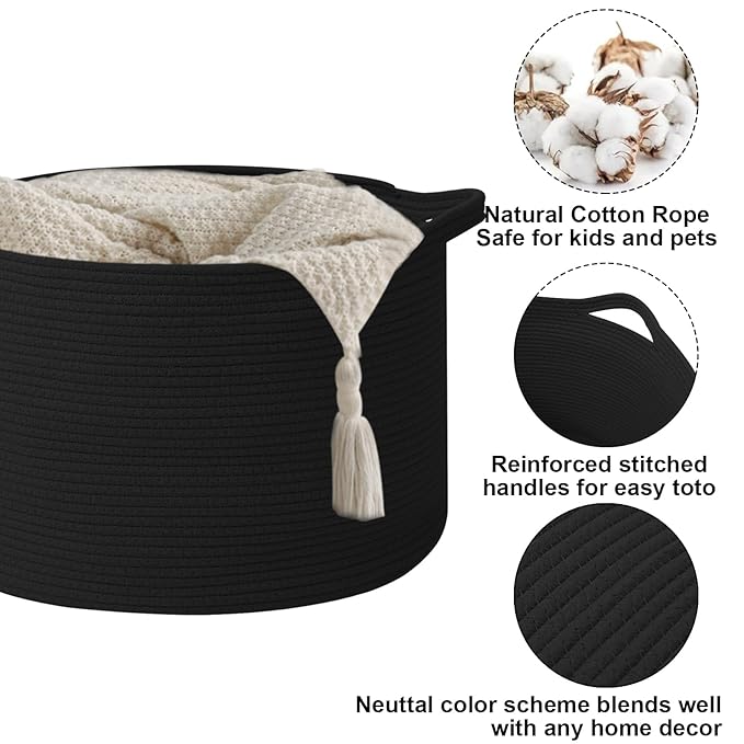 90L Large Blanket Basket,21.7"L x 21.7"W x 13.8"H Rope Woven Baskets with Handles, Toys Storage Bins,Laundry Basket Perfect for Living Room, Nursery,Bedroom,Home Organization,Black
