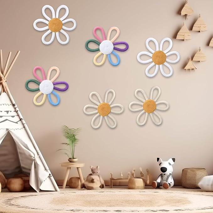 Ripeng 6 Pcs Boho Nursery Decor Flower Daisy Wall Art 6 Inch Woven Macrame Wall Hanging Bohemian Flower Decor Daisy Nursery for Baby Girls Kids Home Bedroom(Stylish Color)