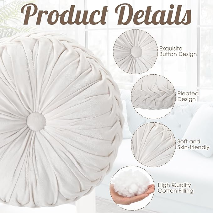 4 Pcs Round Throw Pillows 15 Inch Decorative Velvet Pleated Pumpkin Pillows Boho Floor Pillow with Center Button for Living Room Couch Chair Bed Sofa Home Decoration (Ivory)