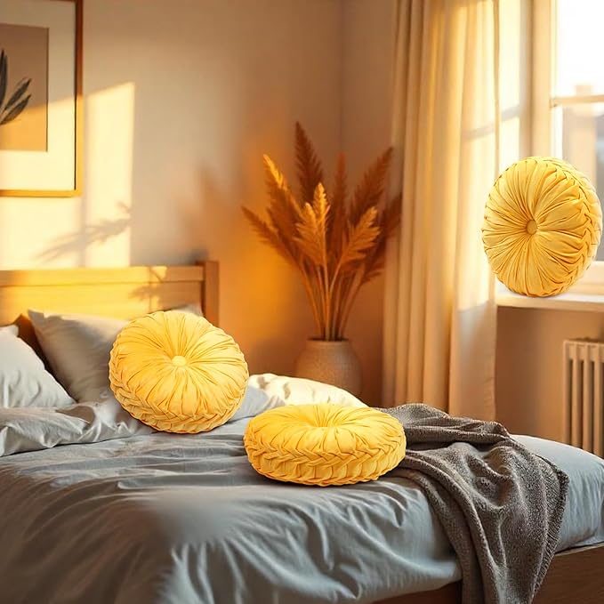 4 Pcs Round Throw Pillows 15 Inch Decorative Velvet Pleated Pumpkin Pillows Boho Floor Pillow with Center Button for Living Room Couch Chair Bed Sofa Home Decoration (Yellow)