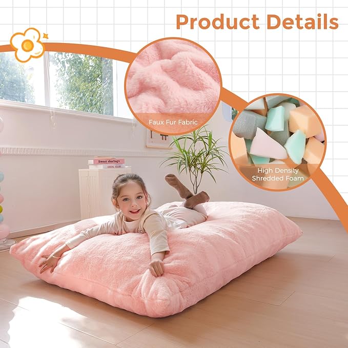 MAXYOYO 3 in 1 Kids Bean Bag Chair Bed, Child Floor Sofa for Gaming, Reading, Faux Fur Floor Mattress with High-Density Foam Filling for Living Room Bedroom