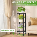 KMOTASUO 3 Tier Black Tall Plant Stand with Wheel for Indoor Outdoor, Heavy Duty Metal Multiple Large Planter Rack for Narrow Corner, Sturdy Iron Vertical Flower Holder for Modern House Patio Bathroom